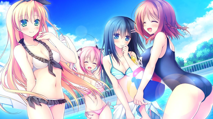 bikini black_hair blonde_hair blue_bikini blue_eyes breasts chibana_ryoka cleavage closed_eyes day game_cg hoshino_nagisa kimi_no_tonari_de_koishiteru! komatsu_rina long_hair medium_breasts medium_hair multiple_girls one-piece_swimsuit open_mouth outdoors pink_bikini pink_hair pool red_hair school_swimsuit sekiya_megumi side-tie_bikini smile swimsuit very_long_hair