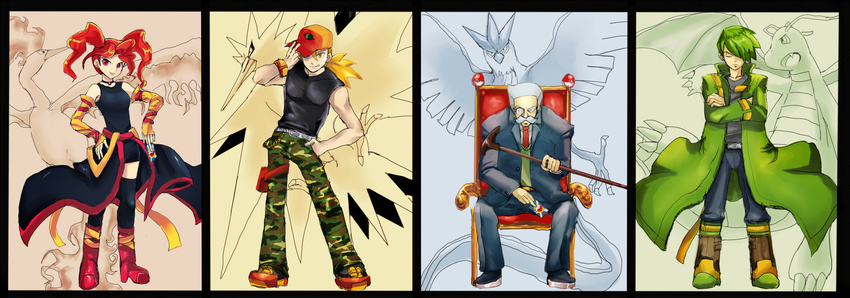 3boys articuno blonde_hair boots byte_(grunty-hag1) camouflage camouflage_pants card chair closed_eyes coat collar crossed_arms detached_sleeves dragonite facial_hair gen_1_pokemon green_hair hair_over_one_eye hand_in_pocket hand_on_hip hat_over_one_eye highres hiroko_(pokemon) kanekouji_(pokemon) long_coat moltres monocle multiple_boys mustache necktie pants pokemon pokemon_(creature) pokemon_(game) pokemon_card pokemon_card_gb pokemon_trading_card_game ponytail red_eyes red_hair ryuudou_(pokemon) steve_(pokemon) thighhighs twintails walking_stick white_hair zapdos zettai_ryouiki