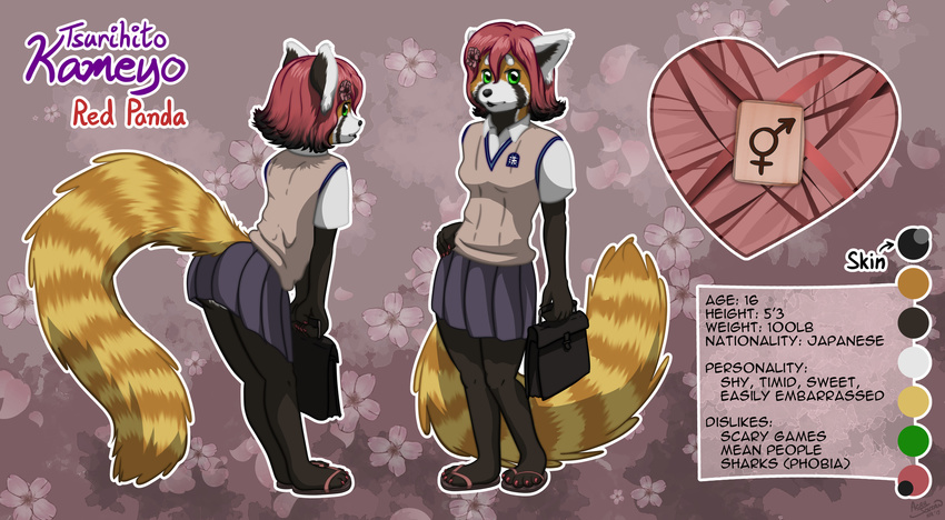 acru_jovian ambiguous_gender bent_over cherry_blossom claws clothing digital_media_(artwork) footwear fur green_eyes hair kameyo_tsurihito long_tail mammal model_sheet pink_hair plant red_panda sandals school_bag school_uniform short_hair simple_background skirt text uniform vest young