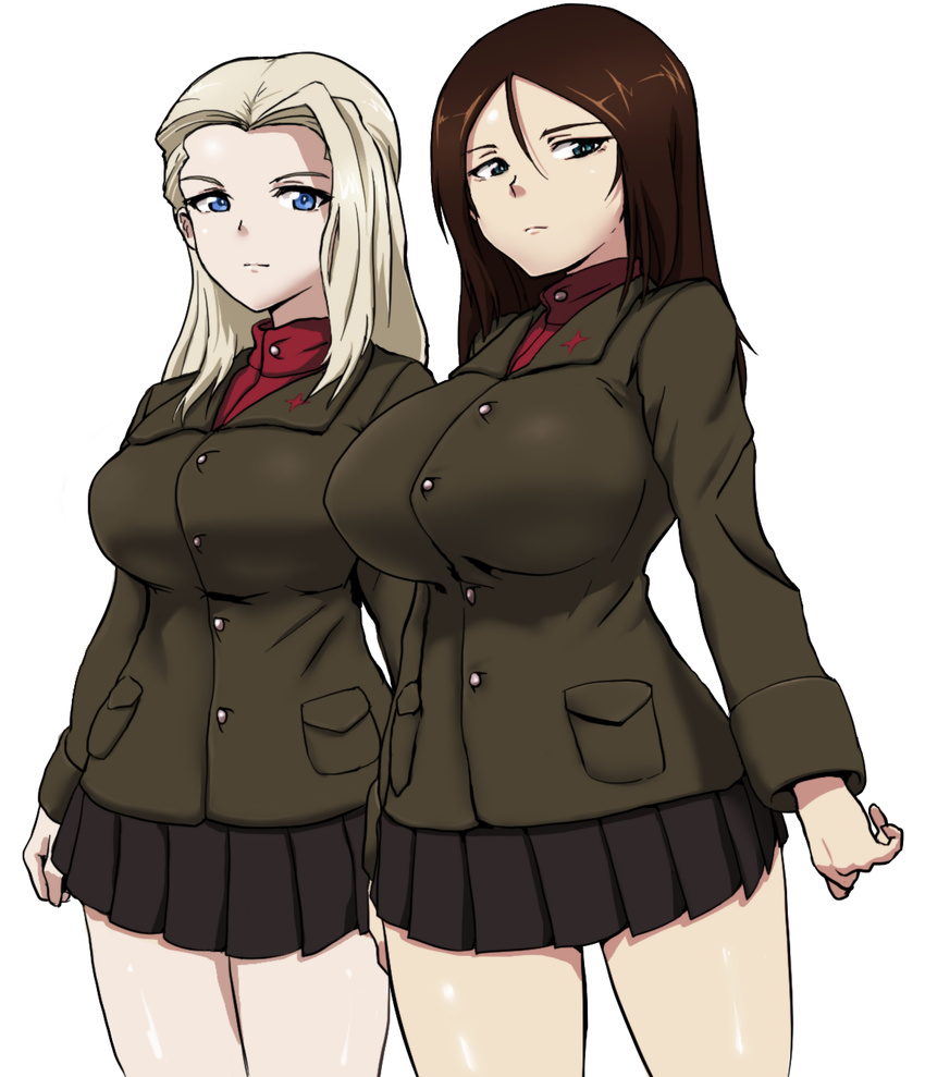 blonde_hair blue_eyes brown_hair butaneko clara_(girls_und_panzer) cowboy_shot girls_und_panzer highres jacket long_hair looking_at_viewer miniskirt multiple_girls nonna pleated_skirt pravda_school_uniform school_uniform skirt standing turtleneck white_background