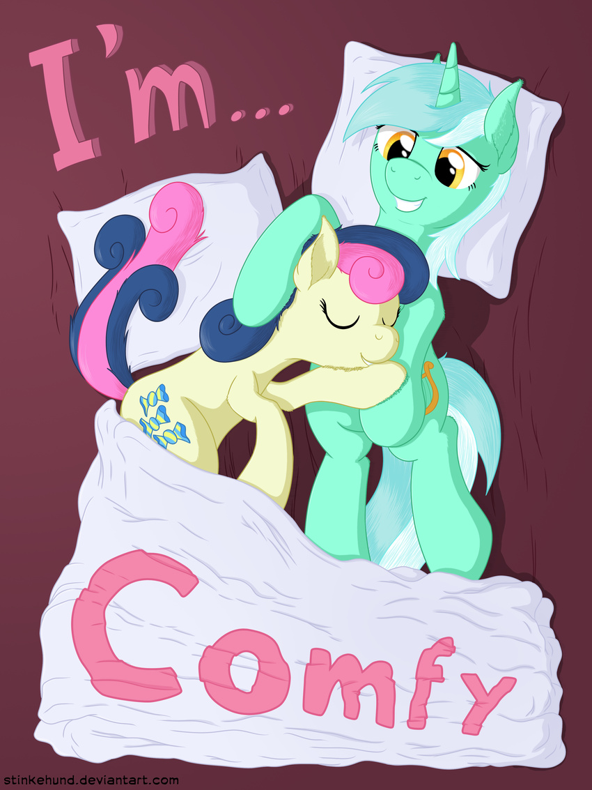 2015 blanket blue_hair bonbon_(mlp) cutie_mark english_text equine female feral friendship_is_magic fur green_fur green_hair hair hi_res horn horse lyra_heartstrings_(mlp) mammal my_little_pony pillow pink_hair poster sleeping stinkehund text unicorn white_hair yellow_fur