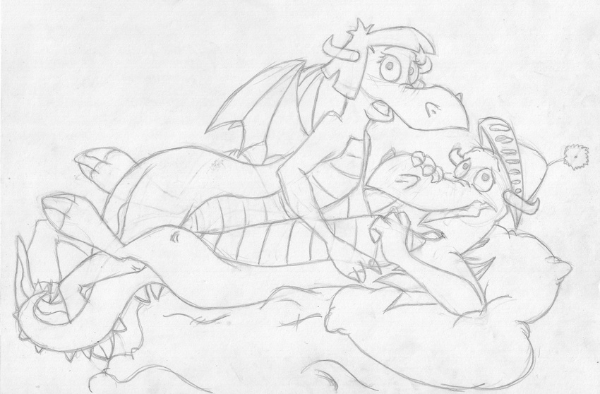 anthro bed blazing_dragons caught dragon duo female feral fire flicker greyscale helmet looking_at_viewer male male/female mizzyam monochrome nude on_bed on_top pencil_(artwork) pillow princess_flame scalie traditional_media_(artwork)