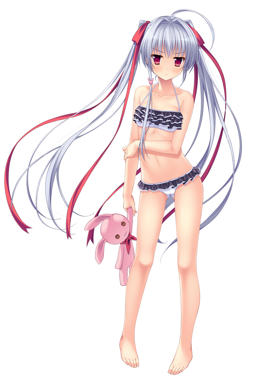 :&lt; absurdres ahoge ass_visible_through_thighs bangs barefoot bikini breasts bunny_hair_ornament collarbone contrapposto frilled_bikini frilled_swimsuit frills frown full_body hair_intakes hair_ornament hair_ribbon highres holding jitome long_hair looking_at_viewer maniwa_shouko natsu_no_iro_no_nostalgia navel red_eyes red_ribbon ribbon silver_hair simple_background small_breasts solo standing stuffed_animal stuffed_bunny stuffed_toy swimsuit twintails very_long_hair white_background yamakaze_ran