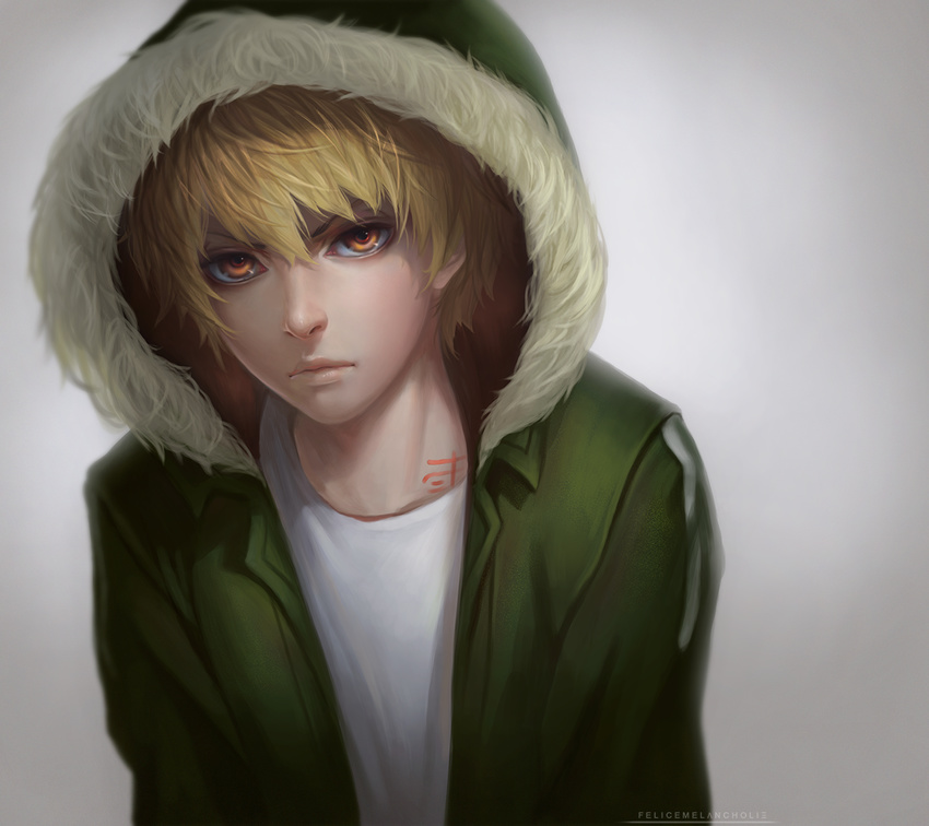 artist_name bangs blonde_hair body_writing closed_mouth felice frown fur_trim gradient gradient_background hair_between_eyes hood hooded_jacket jacket male_focus noragami solo upper_body yukine_(noragami)