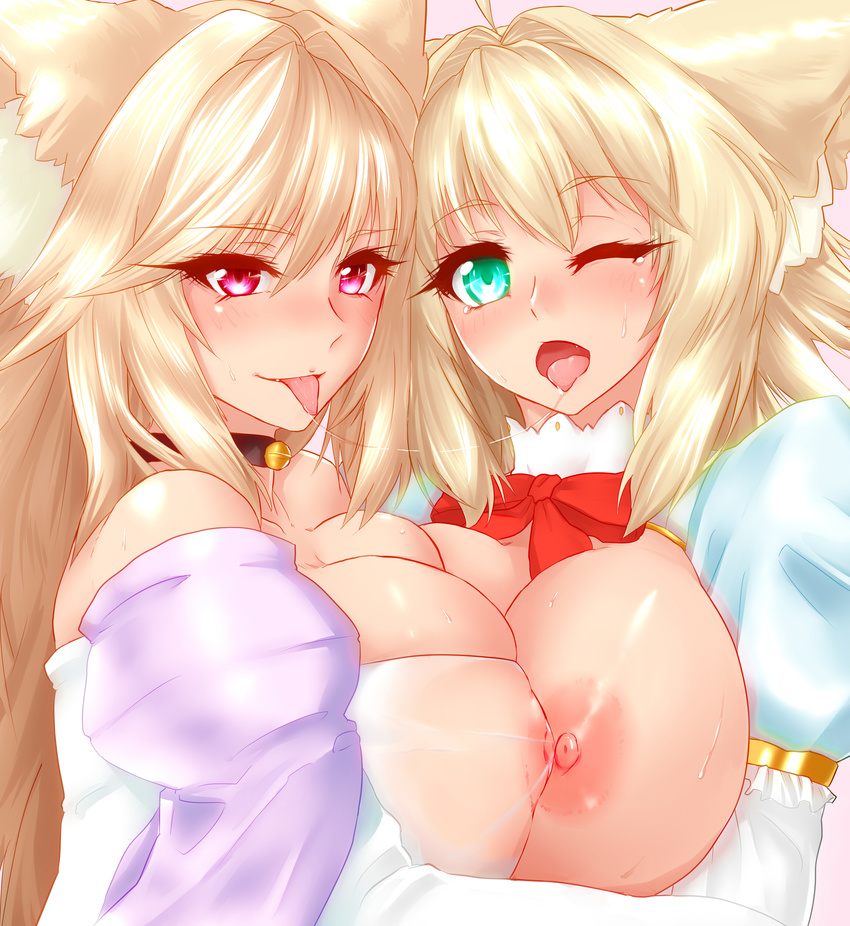 absurdres ahoge animal_ears bell bell_choker blush bow breast_press breasts breasts_outside choker cleavage dress fang fox_ears green_eyes hair_intakes highres hug large_breasts long_hair looking_at_viewer minarai_tenna multiple_girls narulala nipples one_eye_closed open_mouth original pink_eyes revision saliva saliva_trail see-through smile sweat symmetrical_docking tongue tongue_out yuri