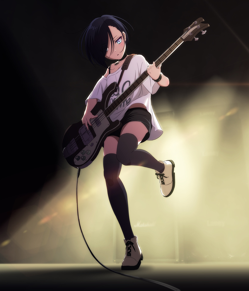 :o ankle_boots backlighting bad_id bad_pixiv_id bare_shoulders bass_guitar black_hair black_legwear blue_eyes blush boots brown_footwear cable choker collarbone full_body hair_over_one_eye highres instrument jet_(jetpic) jewelry leg_up music off_shoulder original parted_lips pendant playing_instrument rickenbacker shirt short_hair short_sleeves shorts solo standing standing_on_one_leg thighhighs white_shirt