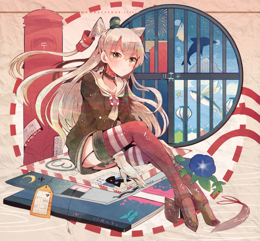 amatsukaze_(kantai_collection) brown_eyes dress envelope fireworks gloves hairband highres itomugi-kun japanese_cylindrical_postbox japanese_postal_mark jerry_can kantai_collection long_hair notebook oversized_object postbox_(outgoing_mail) red_legwear round_window sailor_dress seigaiha silver_hair sitting solo stamp teruterubouzu thighhighs two_side_up window