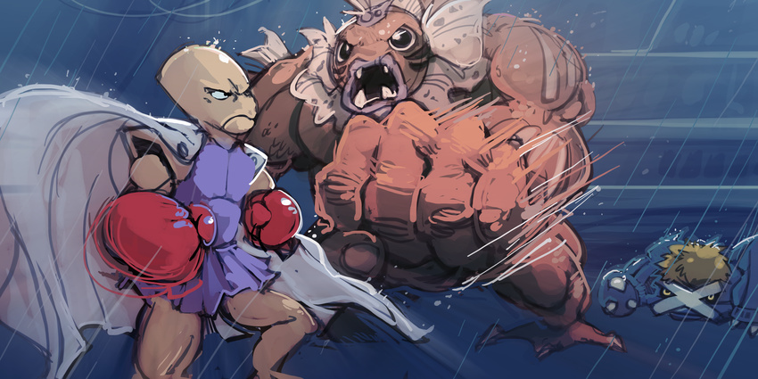 absurdres action battle blonde_hair boxing_gloves bummerdude cape clenched_hand commentary crossover fangs gen_1_pokemon gen_3_pokemon genos highres hitmonchan metagross motion_lines multiple_sources namesake one-punch_man parody pokemon pokemon_(creature) punching rain saitama_(one-punch_man) sea_king_(one-punch_man) seaking