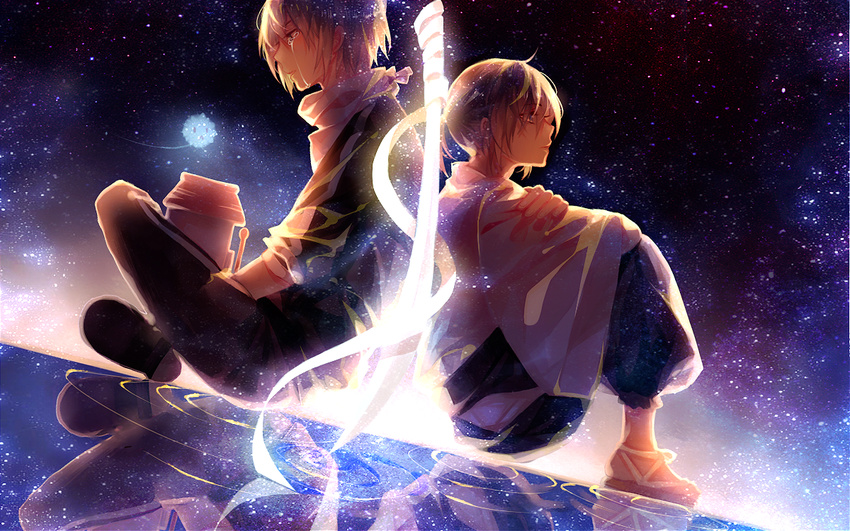 back-to-back bandages bangs black_hair crying dutch_angle from_side full_body hakama japanese_clothes male_focus multiple_boys night night_sky noragami ponytail reflection ripples sail_mio scarf shoes shrine sitting sky sleeves_pushed_up space tears track_suit waraji yato_(noragami) yukine_(noragami)
