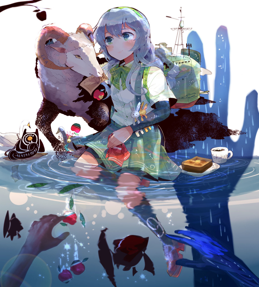 annotation_request braid coffee cup food goat green_hairband hairband hands highres horns itomugi-kun kantai_collection long_hair machinery phone pleated_skirt rotary_phone school_uniform silver_hair skirt smile suspenders toast underwater yamagumo_(kantai_collection)