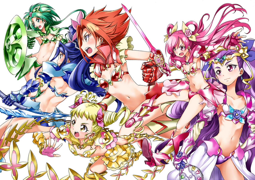 adapted_costume akimoto_komachi armor bare_back bikini_armor blonde_hair blue_eyes blue_hair blush bow bow_(weapon) butterfly_hair_ornament clenched_hand collarbone cure_aqua cure_dream cure_lemonade cure_mint cure_rouge downblouse drill_hair earrings emerald eyelashes fingerless_gloves gauntlets gem gloves green_eyes green_hair hair_ornament hair_rings happy jewelry kasugano_urara_(yes!_precure_5) kurose_kousuke long_hair magical_girl midriff milk_(yes!_precure_5) milky_rose mimino_kurumi minazuki_karen multiple_girls natsuki_rin navel open_mouth pink_eyes pink_hair ponytail precure purple_hair red_eyes red_hair ribbon shield short_hair shoulder_pads simple_background smile spiked_hair stomach sword tiara twin_drills twintails wavy_hair weapon white_background yellow_eyes yes!_precure_5 yes!_precure_5_gogo! yumehara_nozomi