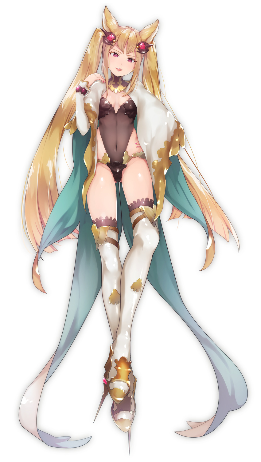 absurdres akariko animal_ears blonde_hair breasts cleavage covered_navel erune full_body granblue_fantasy hair_ornament hand_on_hip highres long_hair looking_at_viewer metera_(granblue_fantasy) mole mole_under_mouth nail_polish pink_eyes simple_background small_breasts solo standing thighhighs very_long_hair white_background white_legwear