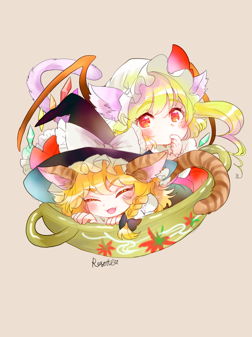 ^_^ animal_ears artist_name beige_background black_bow blonde_hair blush bow bowl braid cat_ears cat_tail chibi closed_eyes demon_wings dress fangs finger_in_mouth finger_licking flandre_scarlet hair_bow handle hat hat_bow highres in_bowl in_container kemonomimi_mode kirisame_marisa licking looking_at_viewer multiple_girls neko_nabe red_dress red_eyes rosette_(roze-ko) simple_background single_braid tail touhou vampire wings witch witch_hat