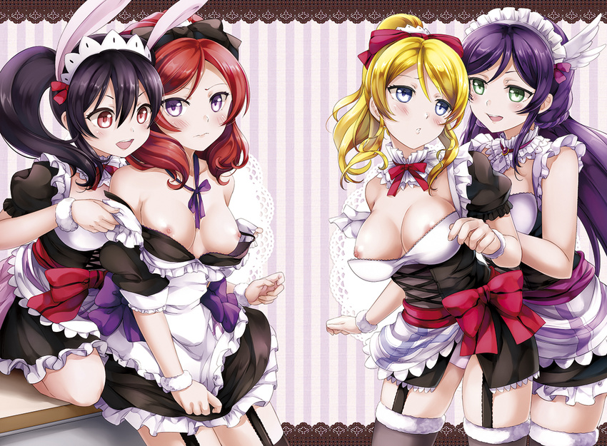 4girls :d animal_ears assisted_exposure ayase_eli black_hair blonde_hair blue_eyes blush breasts breasts_outside bunny_ears covering covering_crotch dress_pull embarrassed green_eyes lace_border long_hair love_live! love_live!_school_idol_project maid maid_headdress medium_breasts mogyutto_"love"_de_sekkin_chuu! multiple_girls ninamo nipples nishikino_maki open_mouth panties pink_panties ponytail pulled_by_another purple_eyes purple_hair red_eyes red_hair smile striped striped_background toujou_nozomi twintails underwear upskirt vertical-striped_background vertical_stripes yazawa_nico yuri