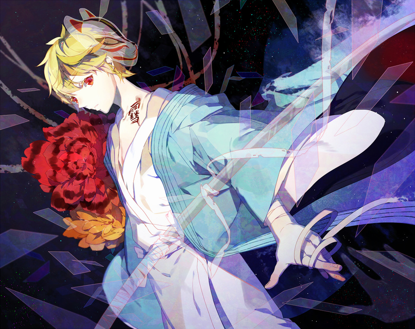 bandaged_arm bandages bangs blonde_hair blood body_writing dissolving_clothes flower fox_mask haori japanese_clothes kimono looking_at_viewer male_focus mask mask_on_head noragami p0ckylo red_eyes solo sword transparent weapon white_kimono yukine_(noragami)
