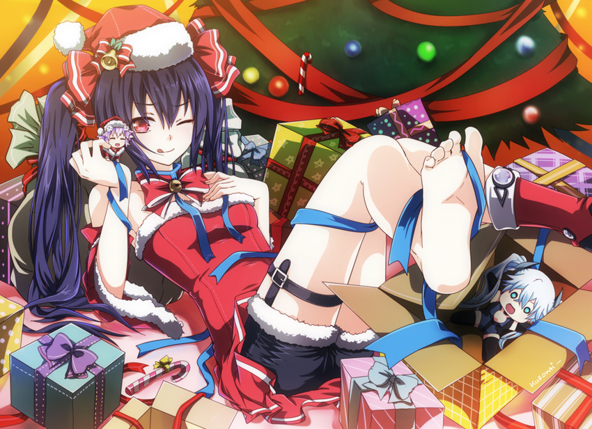 bare_shoulders barefoot black_hair black_heart breasts christmas christmas_tree feet gift hair_ornament hat kuromai long_hair neptune_(choujigen_game_neptune) neptune_(series) noire red_eyes ribbon santa_hat shoes single_shoe small_breasts smile solo stuffed_animal stuffed_toy tongue tongue_out twintails