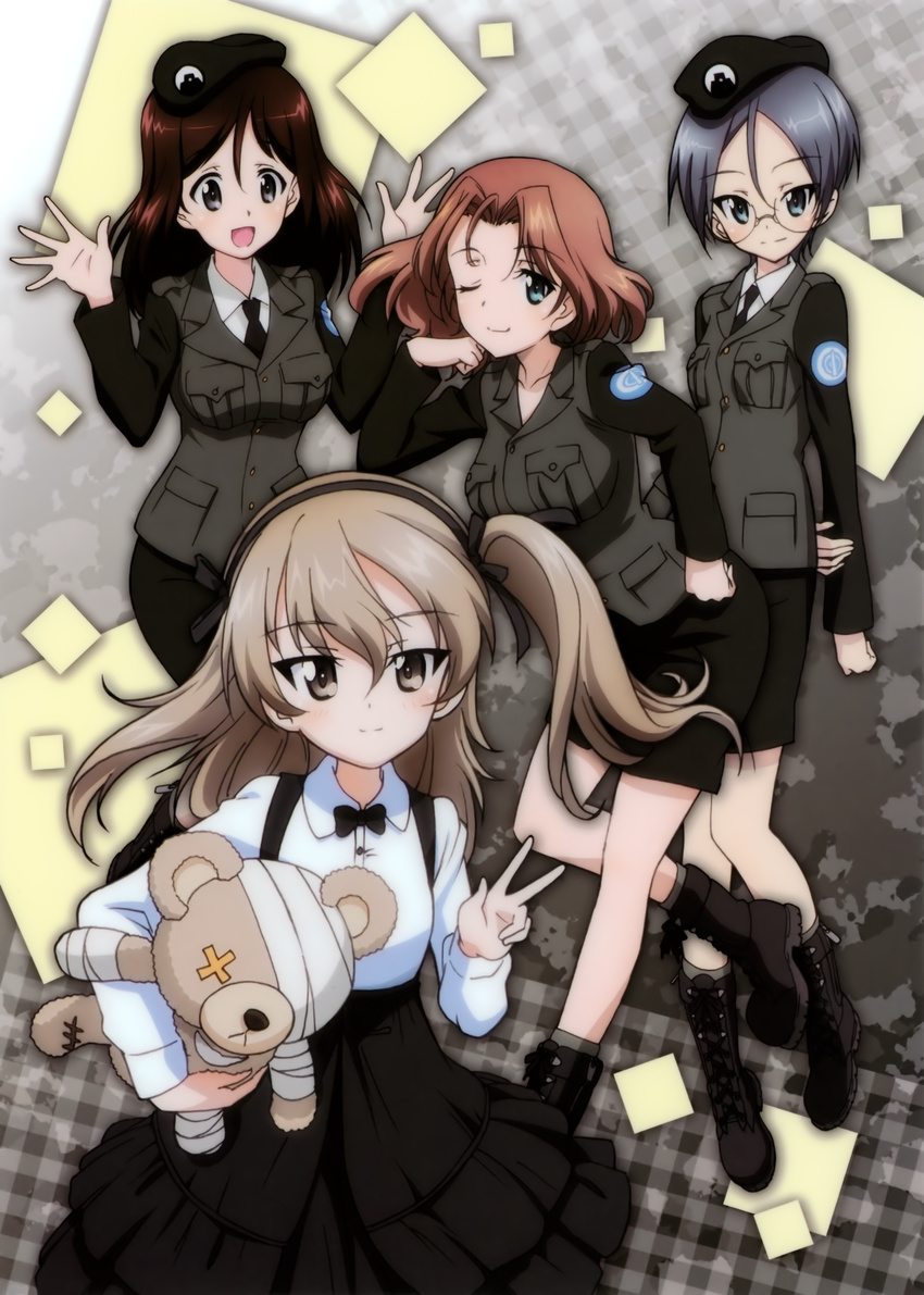 absurdres artist_request azumi_(girls_und_panzer) bandages beret boko_(girls_und_panzer) bow bowtie brown_eyes brown_hair cross-laced_footwear dress dress_shirt emblem frilled_dress frills girls_und_panzer grey_hair hairband hat highres holding jacket japanese_tankery_league_(emblem) leaning_forward long_hair long_sleeves looking_at_viewer megumi_(girls_und_panzer) military military_uniform multiple_girls necktie official_art one_eye_closed open_mouth pencil_skirt pose rumi_(girls_und_panzer) selection_university_(emblem) selection_university_military_uniform shimada_arisu shirt short_hair skirt smile standing stuffed_animal stuffed_toy suspender_skirt suspenders teddy_bear uniform v white_shirt