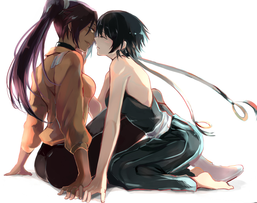 barefoot black_hair bleach blush closed_eyes dark_skin highres imminent_kiss junjun_(kimi-la) long_hair multiple_girls ponytail purple_hair shihouin_yoruichi short_hair_with_long_locks sitting sui-feng yellow_eyes yuri