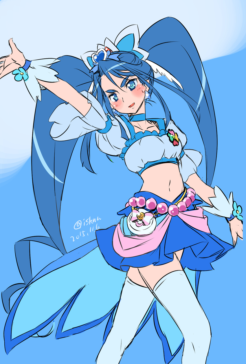 2015 adapted_costume alternate_costume alternate_hairstyle arm_up armlet belt blue blue_background blue_choker blue_eyes blue_hair blue_legwear blue_shirt blue_skirt blush choker collarbone color_connection cosplay crossover cure_aqua cure_berry cure_marine cure_mermaid cure_princess dated earrings embarrassed fresh_precure! go!_princess_precure heartcatch_precure! highres isedaichi_ken jewelry long_hair midriff minazuki_karen navel pearl precure puffy_short_sleeves puffy_sleeves shirt short_sleeves simple_background sketch skirt solo standing thighhighs thighs twintails wrist_cuffs yes!_precure_5 yes!_precure_5_gogo! zettai_ryouiki