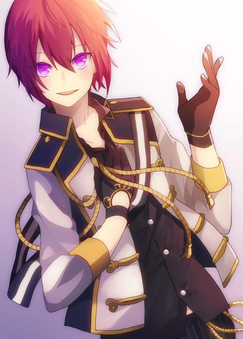 bad_id bad_pixiv_id cape ensemble_stars! gloves highres male_focus open_mouth purple_eyes red_hair smile solo suou_tsukasa uniform yamarutter