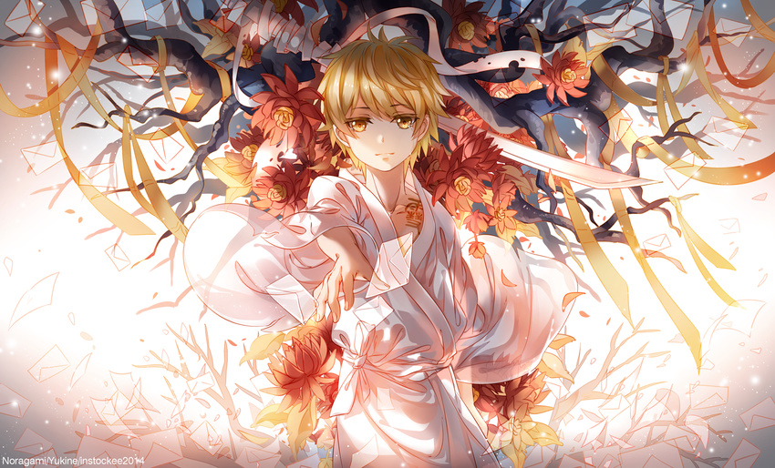 2014 artist_name bandages bangs bare_tree blonde_hair body_writing branch character_name closed_mouth envelope flower instocklee japanese_clothes kimono looking_at_viewer male_focus noragami reaching red_flower ribbon solo sword transparent tree upper_body watermark weapon web_address white_kimono yellow_eyes yellow_ribbon yukine_(noragami)