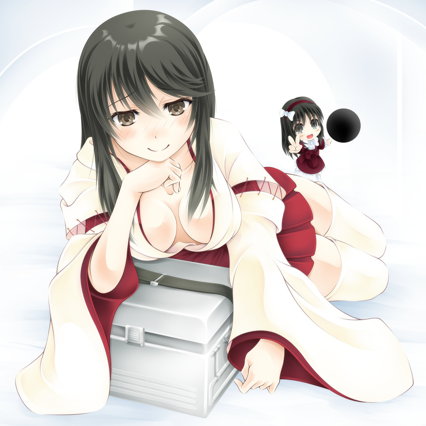 :d black_eyes black_hair blush boldcats box breasts brown_eyes chin_rest cleavage collarbone commentary_request detached_sleeves downblouse hairband highres japanese_clothes large_breasts long_hair looking_at_viewer lying miko multiple_girls on_side open_mouth smile solo_focus thighhighs v v-shaped_eyebrows white_legwear