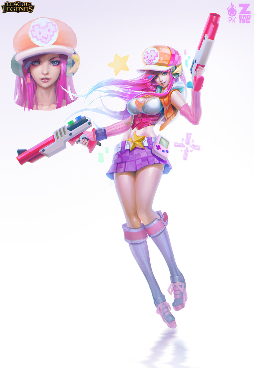 alternate_costume arcade_miss_fortune artist_name banned_artist blue_eyes boots breasts cabbie_hat cleavage detached_sleeves dual_wielding full_body game_boy handheld_game_console hat highres holding hood hoodie large_breasts league_of_legends light_gun long_hair long_legs looking_at_viewer midriff navel parted_lips paul_kwon pink_hair sarah_fortune skirt smile solo standing star vest white_background