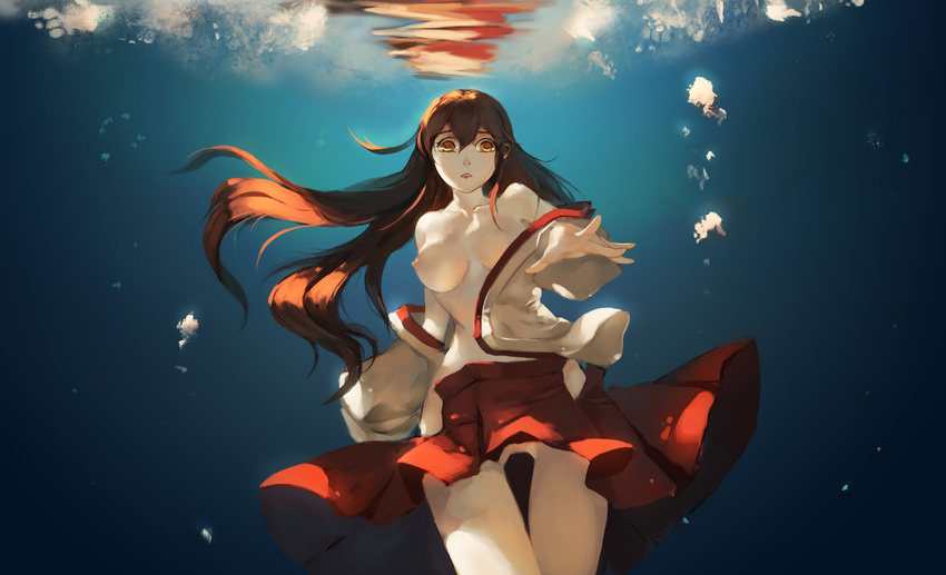 air_bubble akagi_(kantai_collection) bangs breasts breasts_apart brown_eyes brown_hair bubble collarbone cowboy_shot floating_hair hair_between_eyes hakama_skirt highres japanese_clothes kantai_collection kimono lips lipstick long_hair looking_at_viewer loose_clothes makeup medium_breasts nipples no_bra no_panties nontraditional_miko off_shoulder open_clothes open_kimono outstretched_arm parted_lips reaching reaching_out red_skirt skirt solo straight_hair thigh_gap underwater unfastened upskirt very_long_hair yaozhiligenius yellow_eyes