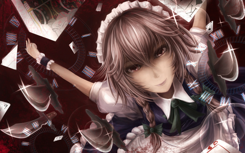 ace_of_hearts apron blood bloody_clothes bloody_knife blue_dress braid card collared_shirt dress foreshortening frilled_dress frills grey_hair highres izayoi_sakuya king_of_spades knife lips looking_at_viewer maid maid_apron maid_headdress muted_color noratama-nyan perspective playing_card pov red_background red_eyes reflection ribbon roman_numerals shirt short_hair sleeveless sleeveless_dress smile solo sparkle touhou twin_braids white_shirt wrist_cuffs