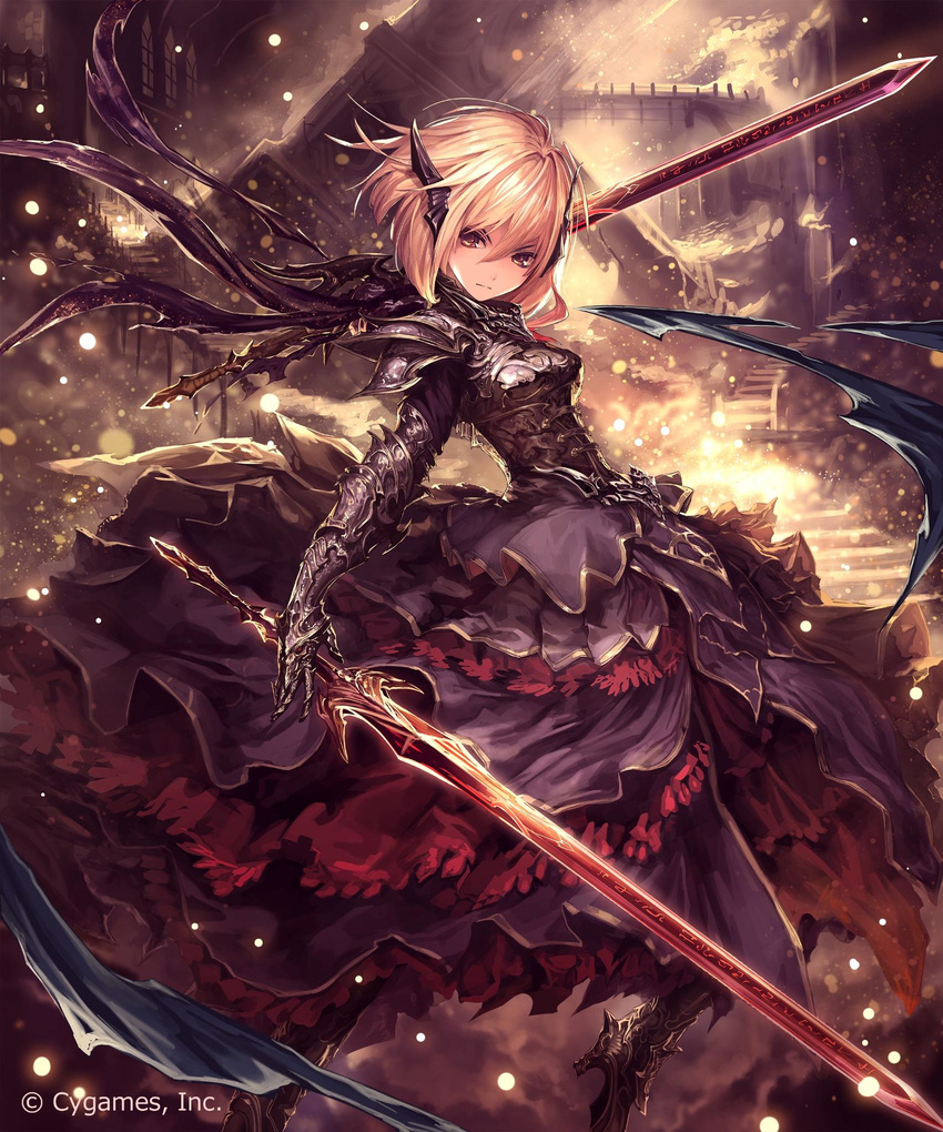 armor armored_boots armored_dress bangs blonde_hair boots breastplate brown_eyes cape company_name dress dual_wielding expressionless gauntlets greaves hair_between_eyes high_heels highres holding holding_sword holding_weapon horns light_particles looking_at_viewer melissa_(shingeki_no_bahamut) official_art runes shingeki_no_bahamut short_hair shoulder_armor solo spaulders stairs sword tachikawa_mushimaro torn_clothes watermark weapon