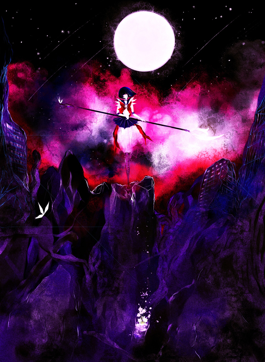 absurdres bad_id bad_pixiv_id bishoujo_senshi_sailor_moon boots building city closed_eyes destruction elbow_gloves flower full_body full_moon gloves glowing highres holding holding_spear holding_weapon knee_boots light_particles long_legs moon night night_sky petals philocne polearm ruins sailor_saturn shooting_star short_hair silence_glaive skirt sky solo spear standing star_(sky) tomoe_hotaru weapon wind