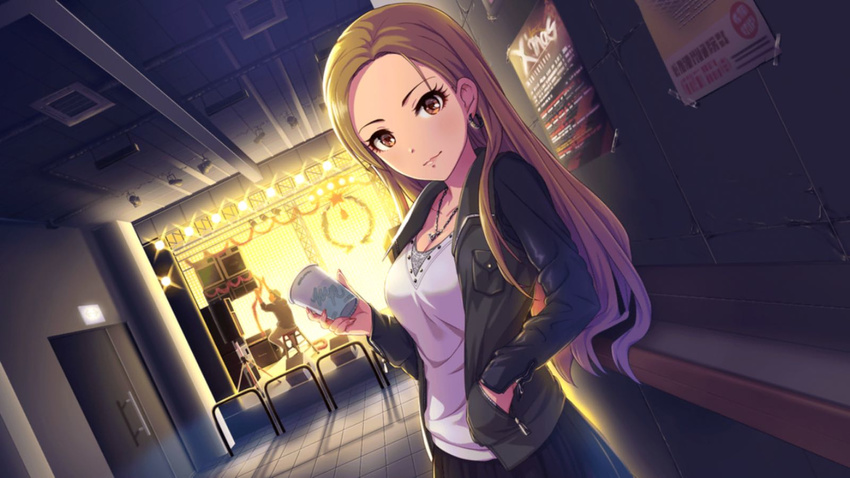 1girl artist_request black_jacket black_skirt brown_eyes brown_hair earrings highres idolmaster idolmaster_cinderella_girls idolmaster_cinderella_girls_starlight_stage jacket jewelry jpeg_artifacts leather leather_jacket long_hair matsunaga_ryou nail_polish necklace official_art purple_shirt shirt skirt