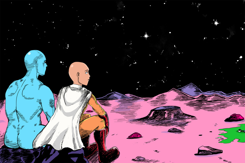 ass bald blue_skin boots cape crater crossover dr._manhattan gloves male_focus moon multiple_boys nude one-punch_man red_footwear red_gloves saitama_(one-punch_man) star watchmen