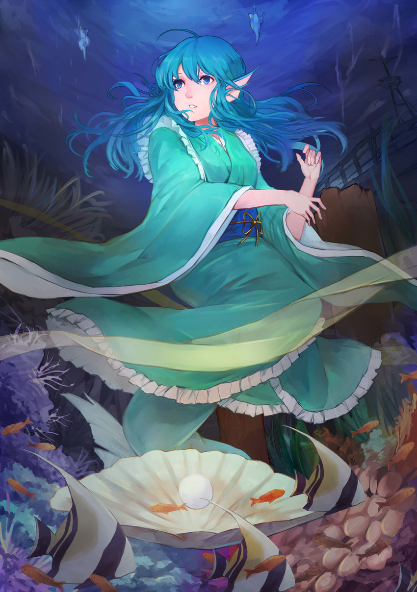 absurdres alternate_hair_length alternate_hairstyle blue_eyes blue_hair coral dress fins fish green_dress head_fins highres japanese_clothes kimono long_hair long_sleeves looking_afar mermaid monster_girl obi ocean_bottom oyster parted_lips pearl ribbon sash shipwreck sidelocks solo teeth touhou underwater wakasagihime wavy_hair wide_sleeves xinuo223