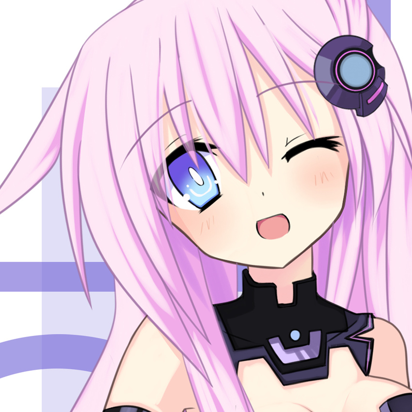 blue_eyes blush close-up hair_ornament long_hair meimu_(infinity) nepgear neptune_(series) one_eye_closed pink_hair purple_sister smile symbol-shaped_pupils