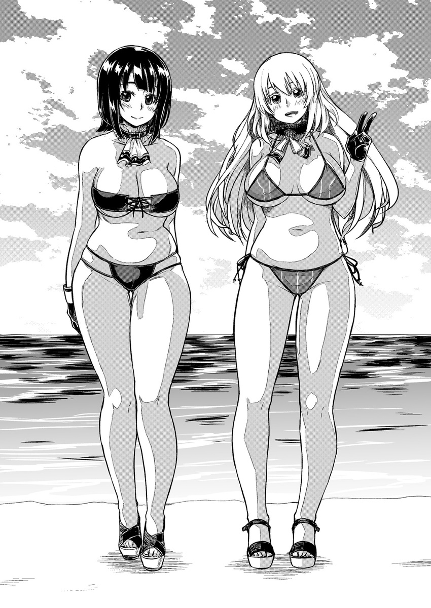 2girls arm_behind_back arms_behind_back atago_(kantai_collection) beach bikini breasts cleavage detached_collar fur_collar gloves highres kantai_collection large_breasts legs looking_at_viewer monochrome multiple_girls navel ocean open_mouth sandals short_hair side-tie_bikini smile standing swimsuit tachibana_roku takao_(kantai_collection) v