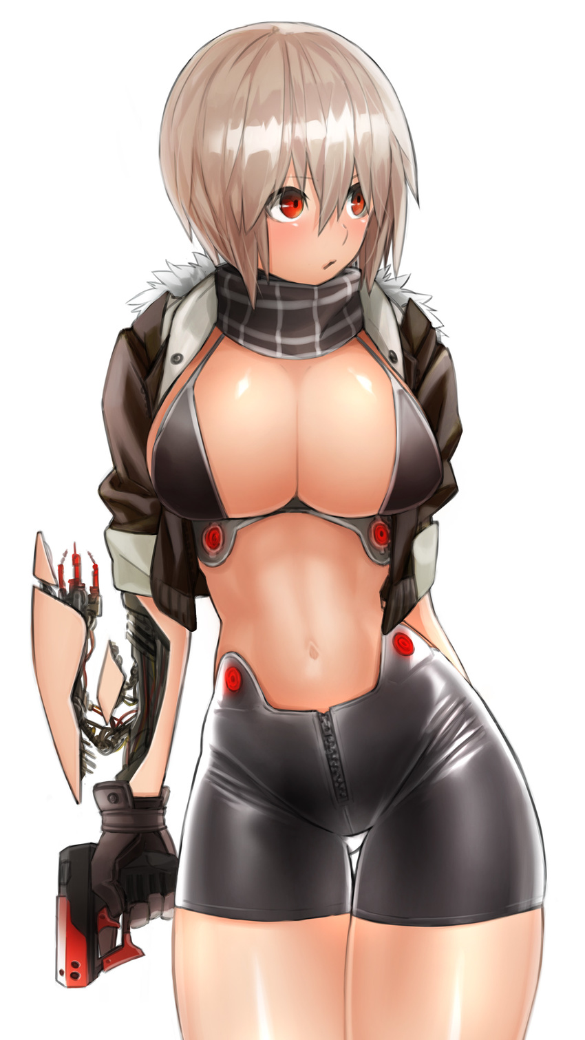 albino arm_at_side arm_behind_back black_bra black_shorts blush bra breasts cable cleavage cowboy_shot cropped_jacket gloves gun hair_between_eyes handgun highres holding holding_gun holding_weapon jacket kirii large_breasts looking_away looking_to_the_side mecha_musume midriff navel original parts_exposed plaid red_eyes scarf short_hair shorts silver_hair simple_background solo thigh_gap underwear weapon white_background zipper