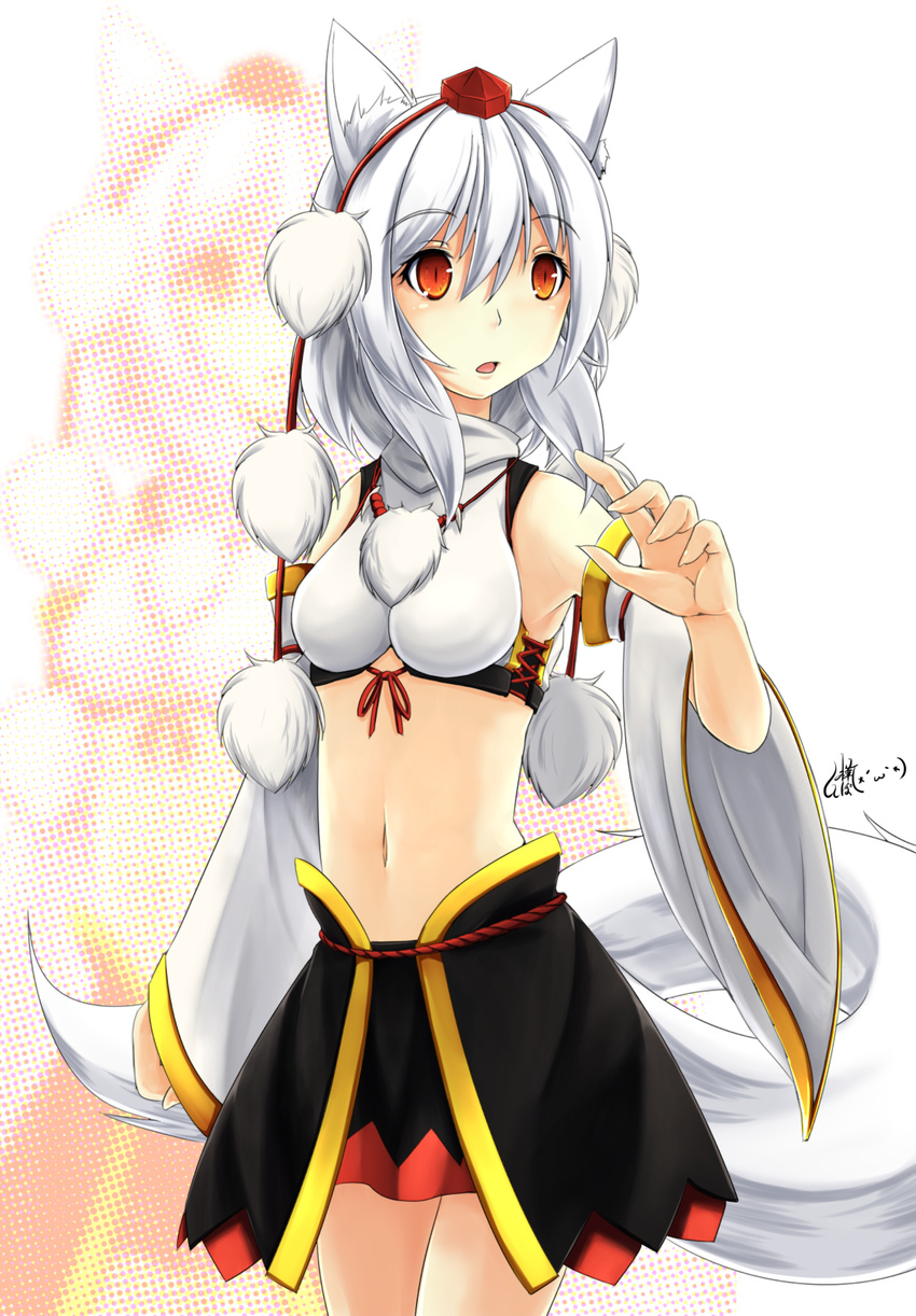 animal_ears breasts detached_sleeves halftone halftone_background hat highres inubashiri_momiji inyuppo looking_away medium_breasts midriff navel open_mouth orange_eyes pom_pom_(clothes) short_hair silver_hair skirt solo tail tokin_hat touhou wolf_ears wolf_tail zoom_layer