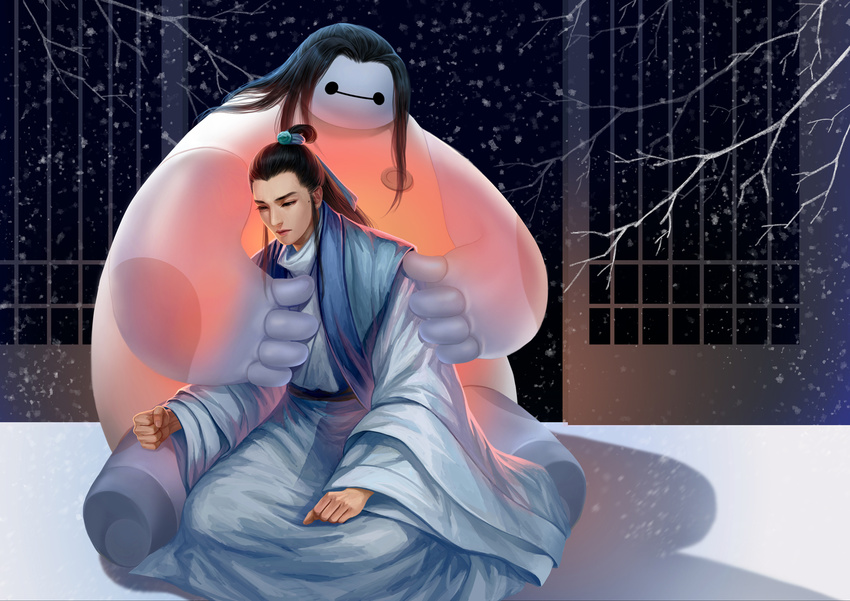 baymax big_hero_6 black_hair brown_eyes character_request chinese_clothes clenched_hand crossover disney hanfu highres hug lin_shu long_hair male_focus nirvana_in_fire ponytail robot sanmeosore_ryuuebi seiza shadow sitting snow snowflakes widow's_peak