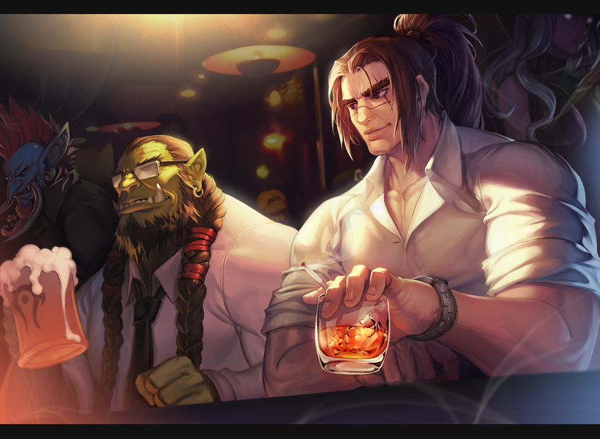 3boys alcohol bad_id bad_pixiv_id beard beer beer_mug blue_eyes blue_skin braid brown_hair cigarette cup dress_shirt elf facial_hair glasses green_skin holding holding_cup letterboxed long_hair mohawk multiple_boys na_in-sung necktie night_elf orange_hair pointy_ears ponytail scar shirt thrall twin_braids varian_wrynn vol'jin warcraft watch world_of_warcraft wristwatch