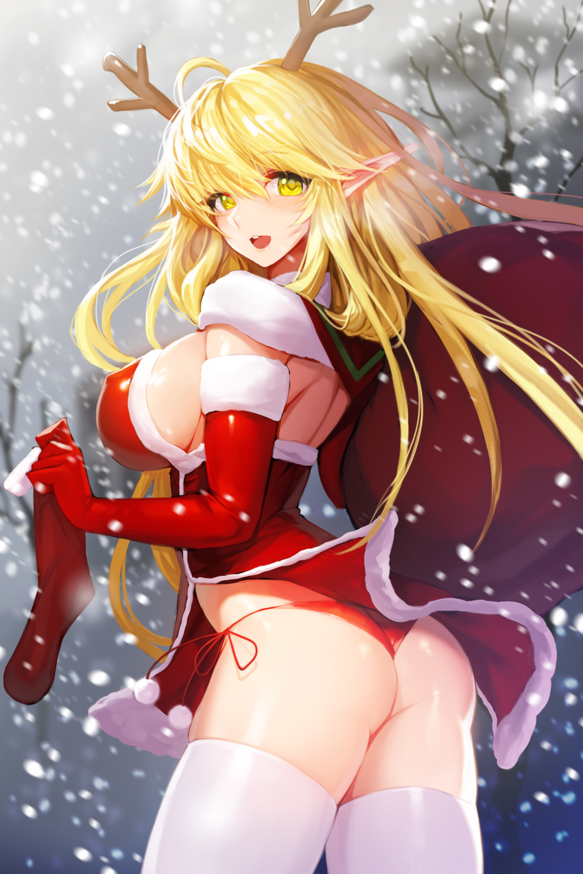 antlers ass blonde_hair blush breasts christmas christmas_elf christmas_stocking covered_nipples elbow_gloves elf gloves highres large_breasts long_hair looking_at_viewer looking_back official_art open_mouth panties pantyshot pointy_ears red_gloves red_panties side-tie_panties snow snowball22 solo sword_girls thighhighs thong underwear white_legwear yellow_eyes