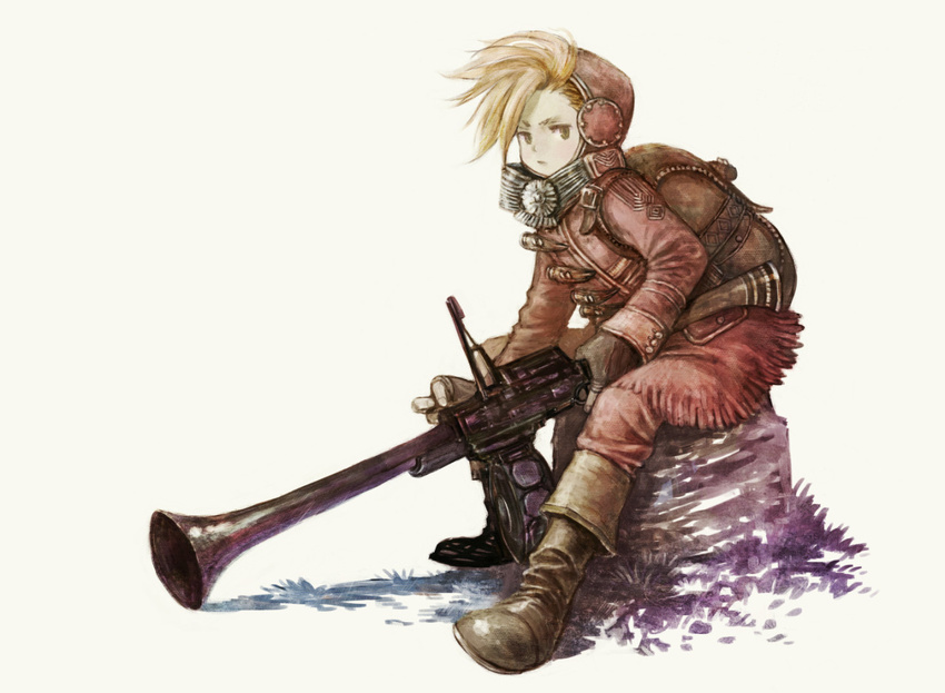 1girl backpack bag blonde_hair boots brown_boots coat fingerless_gloves full_body gloves grass gun hood knee_boots long_sleeves matagiro original plant rock scarf science_fiction short_hair simple_background sitting solo trigger_discipline weapon white_background