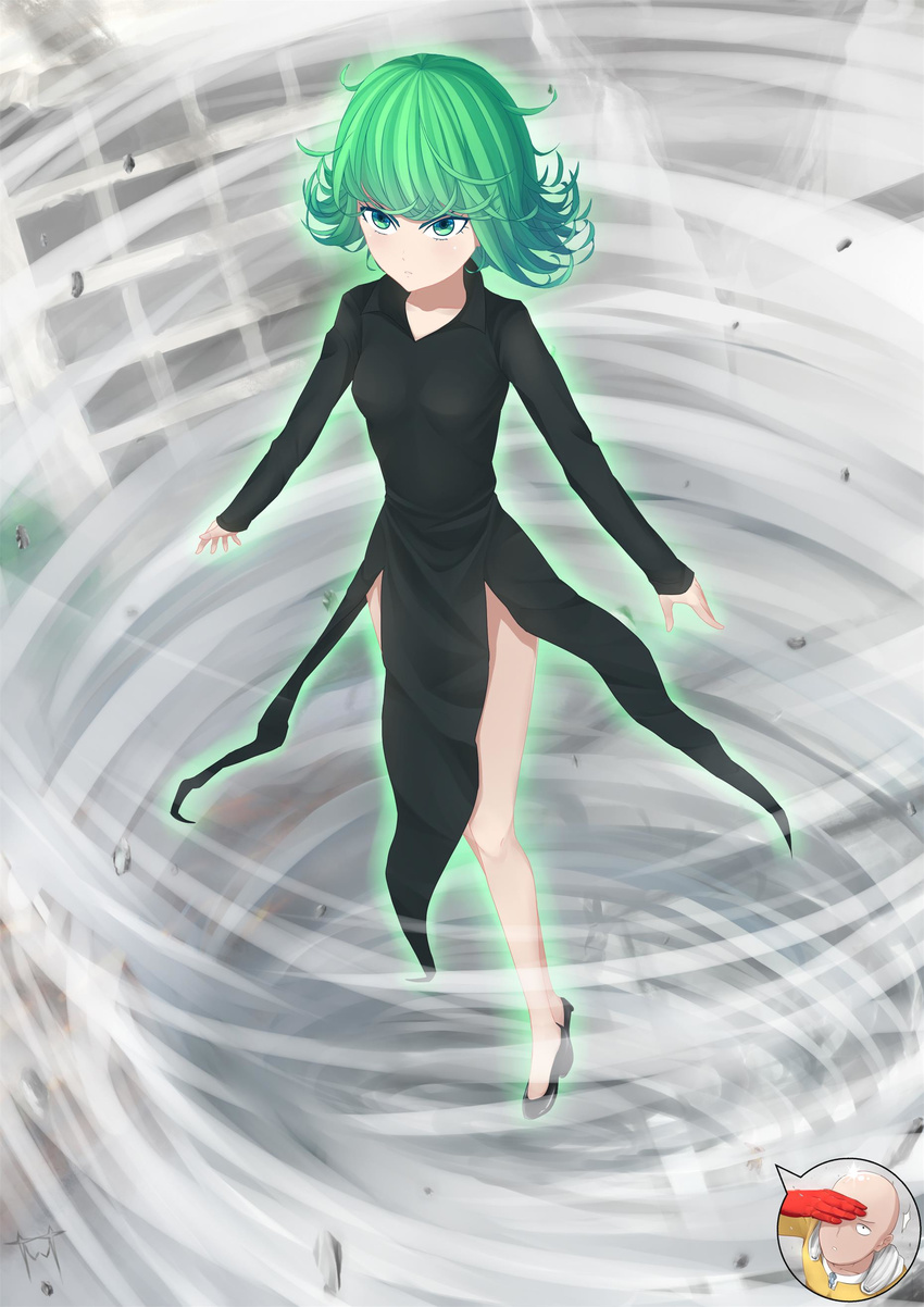 1girl absurdres black_dress curly_hair dress flying glowing green_eyes green_hair highres one-punch_man saitama_(one-punch_man) short_hair solo_focus tatsumaki tornado twt