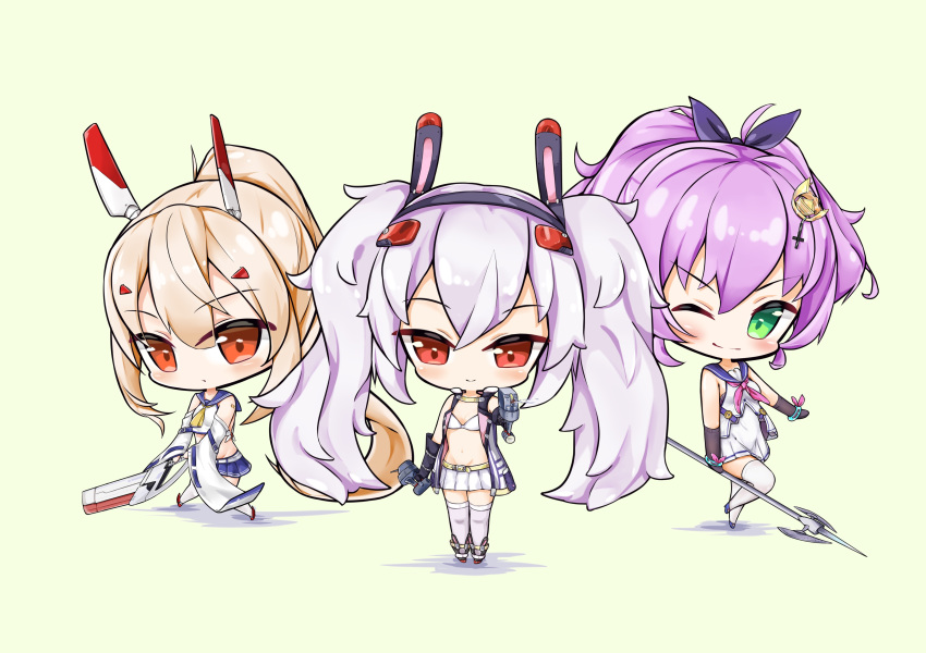 3girls ;) absurdres animal_ears ayanami_(azur_lane) azur_lane bangs bare_shoulders belt belt_buckle big_head bikini_top black_footwear black_gloves black_hairband blue_footwear blue_sailor_collar blue_skirt blush breasts brown_eyes buckle bunny_ears cannon chibi closed_mouth commentary_request crop_top crown detached_sleeves elbow_gloves eyebrows_visible_through_hair gloves green_background green_eyes hair_between_eyes hair_ornament hair_ribbon hairband hairclip head_tilt headgear high_ponytail highres holding holding_javelin jacket javelin javelin_(azur_lane) laffey_(azur_lane) light_brown_hair limitlimlim long_hair long_sleeves looking_at_viewer midriff mini_crown multiple_girls object_namesake one_eye_closed open_clothes open_jacket pleated_skirt ponytail purple_hair purple_ribbon purple_sailor_collar red_eyes red_footwear remodel_(azur_lane) ribbon sailor_collar school_uniform serafuku shadow shirt sidelocks silver_hair skirt sleeveless sleeveless_jacket sleeveless_shirt small_breasts smile standing thighhighs tilted_headwear turret twintails v-shaped_eyebrows very_long_hair white_belt white_bikini_top white_jacket white_legwear white_shirt white_skirt white_sleeves wide_sleeves yellow_belt