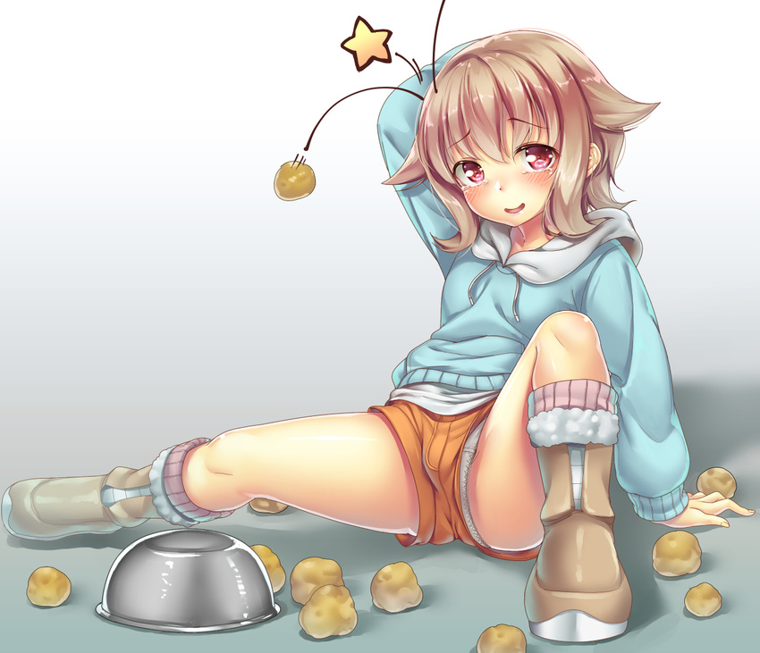 atra_mixta blonde_hair blush boots bowl crotch_seam ecou gundam gundam_tekketsu_no_orphans hood hoodie lace lace-trimmed_panties light_brown_hair long_sleeves looking_at_viewer md5_mismatch no_legwear panties panty_peek pantyshot pantyshot_(sitting) pointy_hair red_eyes short_shorts shorts sitting smile solo spilling spread_legs star tears underwear white_panties