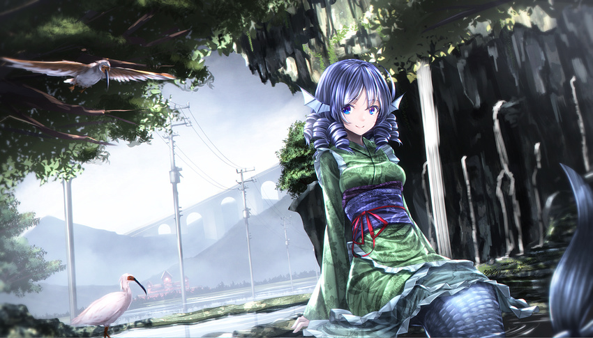 bird blue_eyes blue_hair breasts crested_ibis drill_hair head_fins highres japanese_clothes kimono long_sleeves looking_at_viewer medium_breasts mermaid monster_girl mountain obi ryosios sash scarlet_devil_mansion short_hair sitting smile solo telephone_pole touhou tree wakasagihime water waterfall