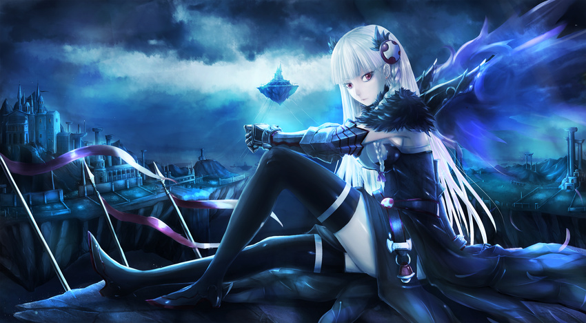 aka_(440626) braid dark_valkyrie_(p&amp;d) earrings gauntlets highres jewelry long_hair puzzle_&amp;_dragons red_eyes single_braid sitting solo thighhighs valkyrie_(p&amp;d) white_hair wings zettai_ryouiki