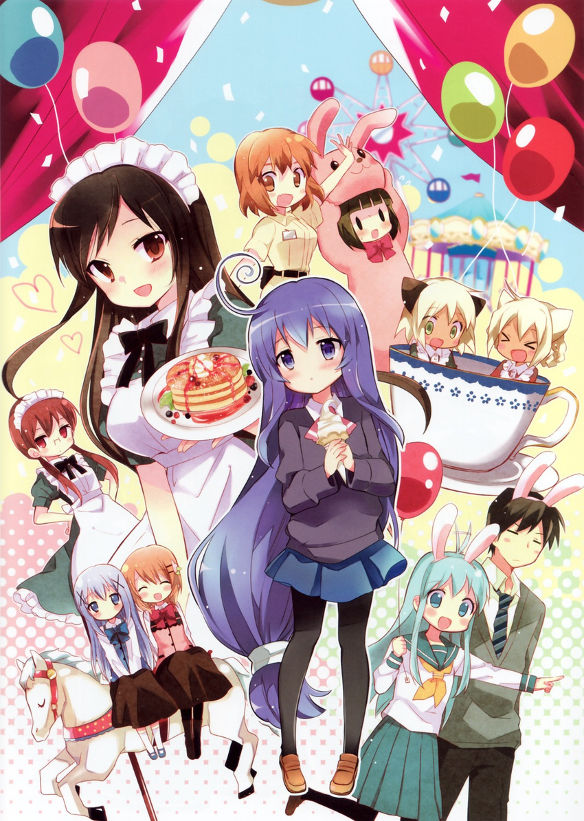 &gt;_&lt; 6+girls :d ^_^ a_channel acchi_kocchi amusement_park animal_costume apron balloon blush bunny bunny_costume carousel character_request closed_eyes company_connection confetti cup employee_uniform ferris_wheel gochuumon_wa_usagi_desu_ka? hair_ornament hara_yui highres hitsugi_katsugi_no_kuro hoto_cocoa image_sample imageboard_sample inokuma_youko kafuu_chino kin-iro_mosaic loafers maid maid_apron maid_headdress manga_time_kirara mary_janes miniwa_tsumiki mokomoko_box multiple_girls nijuku nishi_yuuko nishino_yukio oomiya_shinobu open_mouth pantyhose plate purple_hair rabbit_house_uniform sanju school_uniform serafuku shoes side-by-side smile solid_oval_eyes spinning_teacup teacup tennouji_nagisa uniform waitress x_hair_ornament yandere_sample