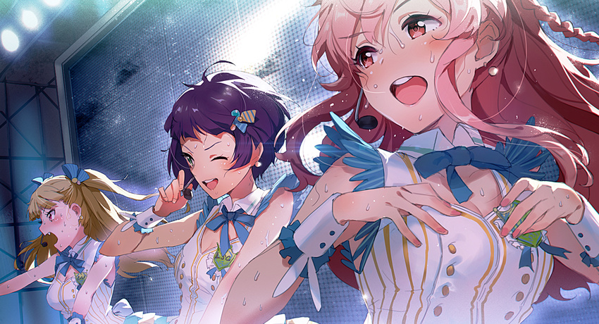 araki_rena bare_shoulders blonde_hair bow bowtie braid earrings ekao fang hands_on_own_chest headset idol jewelry microphone multiple_girls music nishizono_honoka one_eye_closed open_mouth pink_eyes pink_hair purple_hair red_eyes singing sleeveless smile stage stage_lights sweat tokyo_7th_sisters two_side_up uesugi_u_kyouko wrist_cuffs