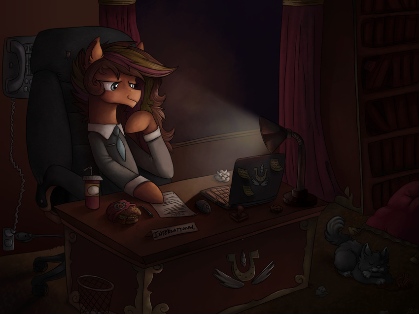 cat computer desk duo earth_pony equine feline feral food friendship_is_magic hi_res horse ibsn international mammal my_little_pony necktie office phone pony sitting the_boss